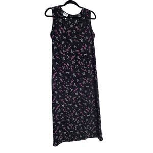 Vintage 90s Bentley Floral Midi Dress Size 12 Black Pink Cottagecore Sleeveless